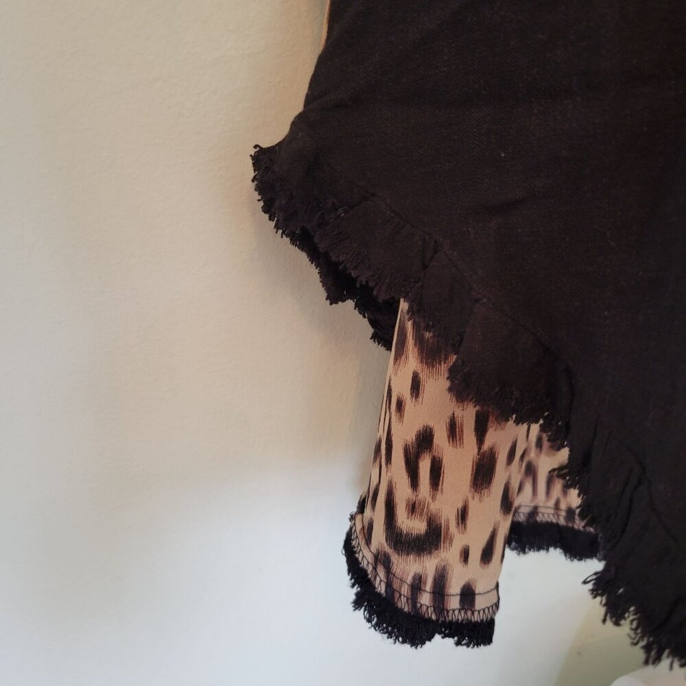Umgee USA Black Tunic Dress Leopard Print Frayed Hem XL Linen Blend Hi Low - Picture 5 of 7